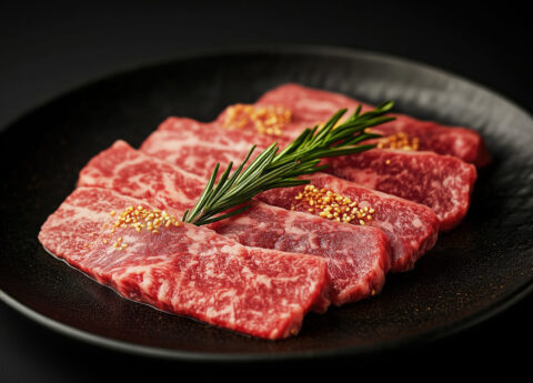 Sliced wagyu marbled beef for yakiniku on plate on black background.